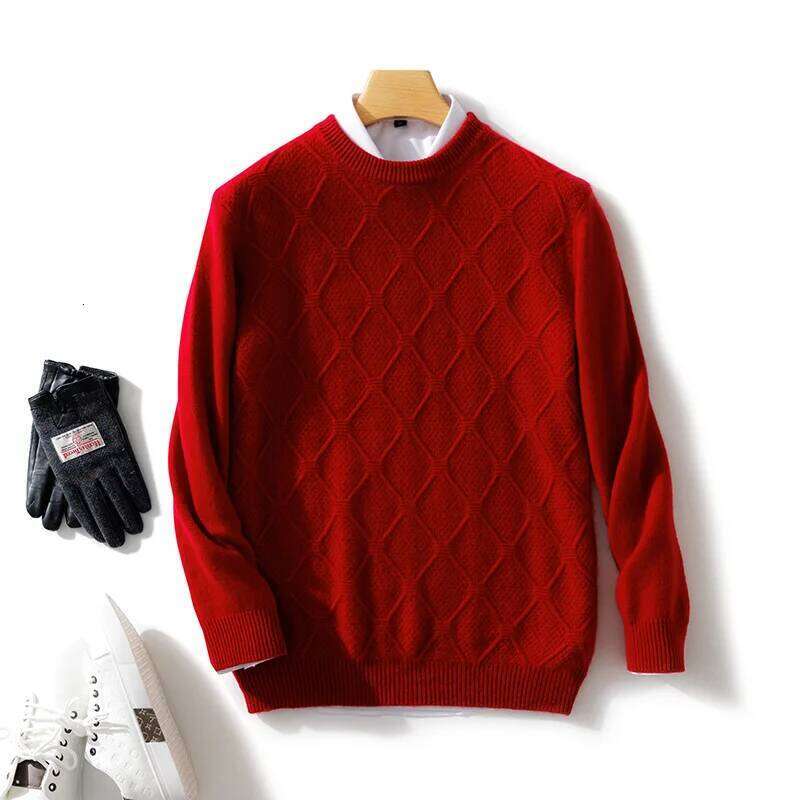 New Men's O-Neck Dia Grid Pullover 100% Pure Cashmere Wool Soft Sweater Autumn Winter Casual Thick Basis Large Size Top