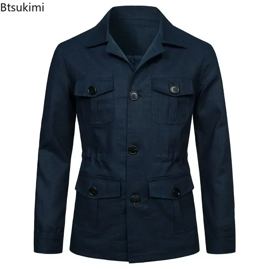 2025 British Style Mens Linen Safari Jackets Fashion Vintage Multi Pockets Cargo Jacket Streetwear Gentry Casual Outerwear Male 250717