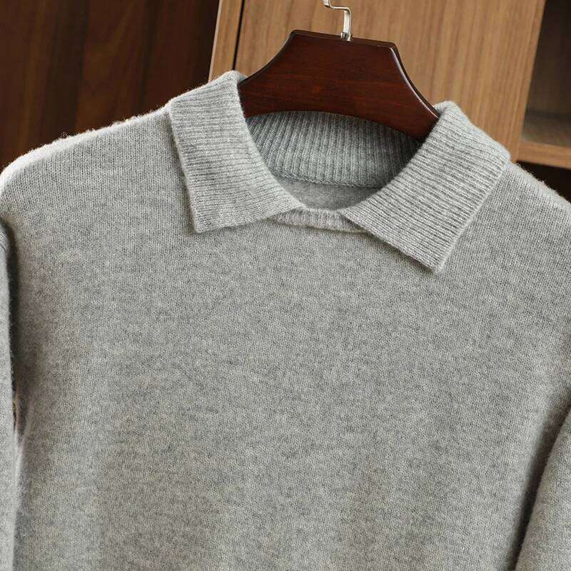Men's Winter Thick 100% Merino Wool Sweater Polo Collar Pullover Smart Casual Cashmere Knitwear Soft Warm Clothing High Quality