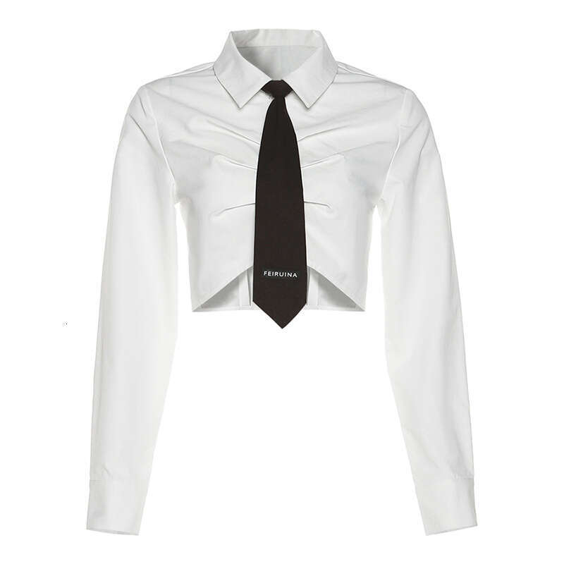 2022 Autumn New Women's Solid Color Slim Fit Turn-Down Collar Fashion Tie Crop Long Sleeve T-Shirt d21