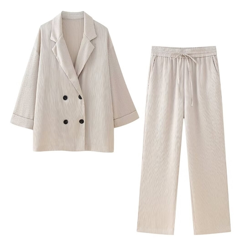European and American Style 2024 Spring Summer Womens Clothing Wrinkle Effect Double Breasted Suit Jacket Pants Set y250717