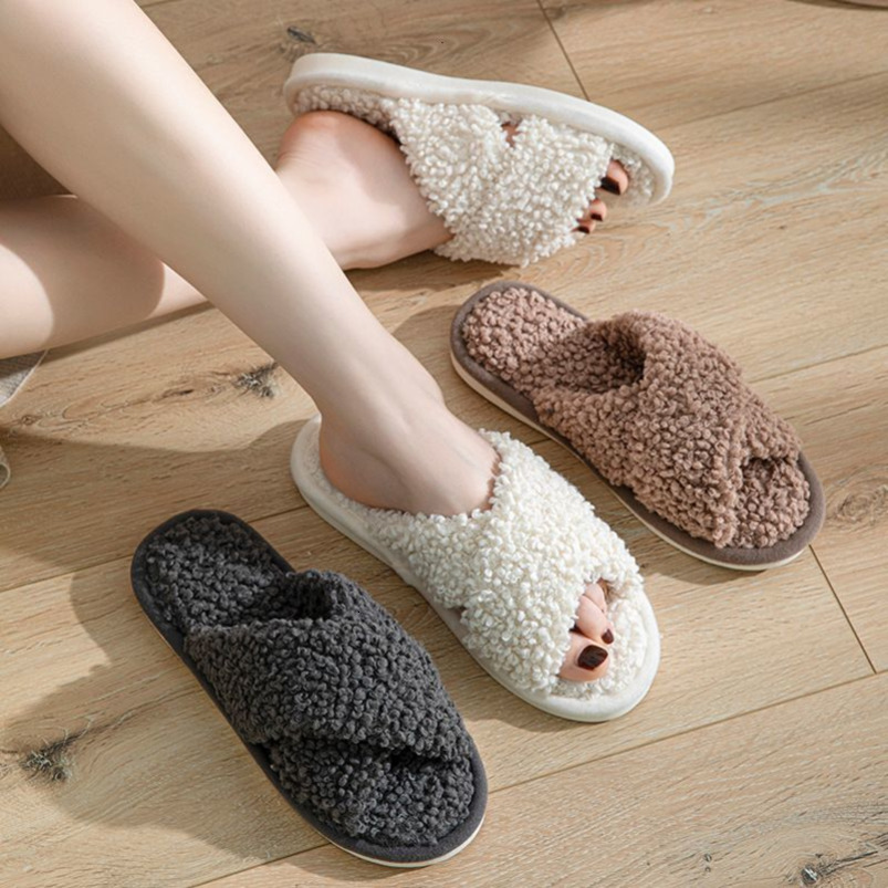 Ins Style Furry Cross Strap Home Comfortable Plush Cotton Slippers for Women