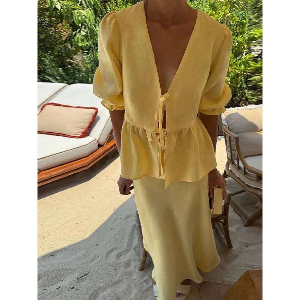 Designer Clothing 2025 Lace Up Short Sleeved Women Two Pieces Set V-Neck Summer Women's Bubble Sleeve Shirt Long Skirt Loose Casual Outfit
