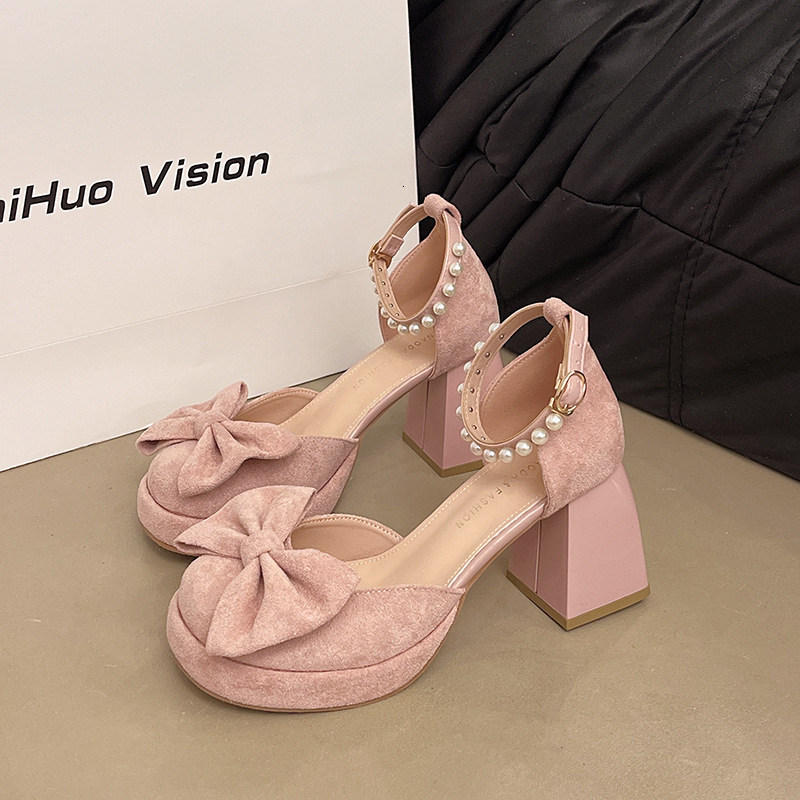 Ddmysports New French Style Mary Jane Dress Sandals Pink Buckle Chunky High Heels For Women Summer Outdoor Shoes