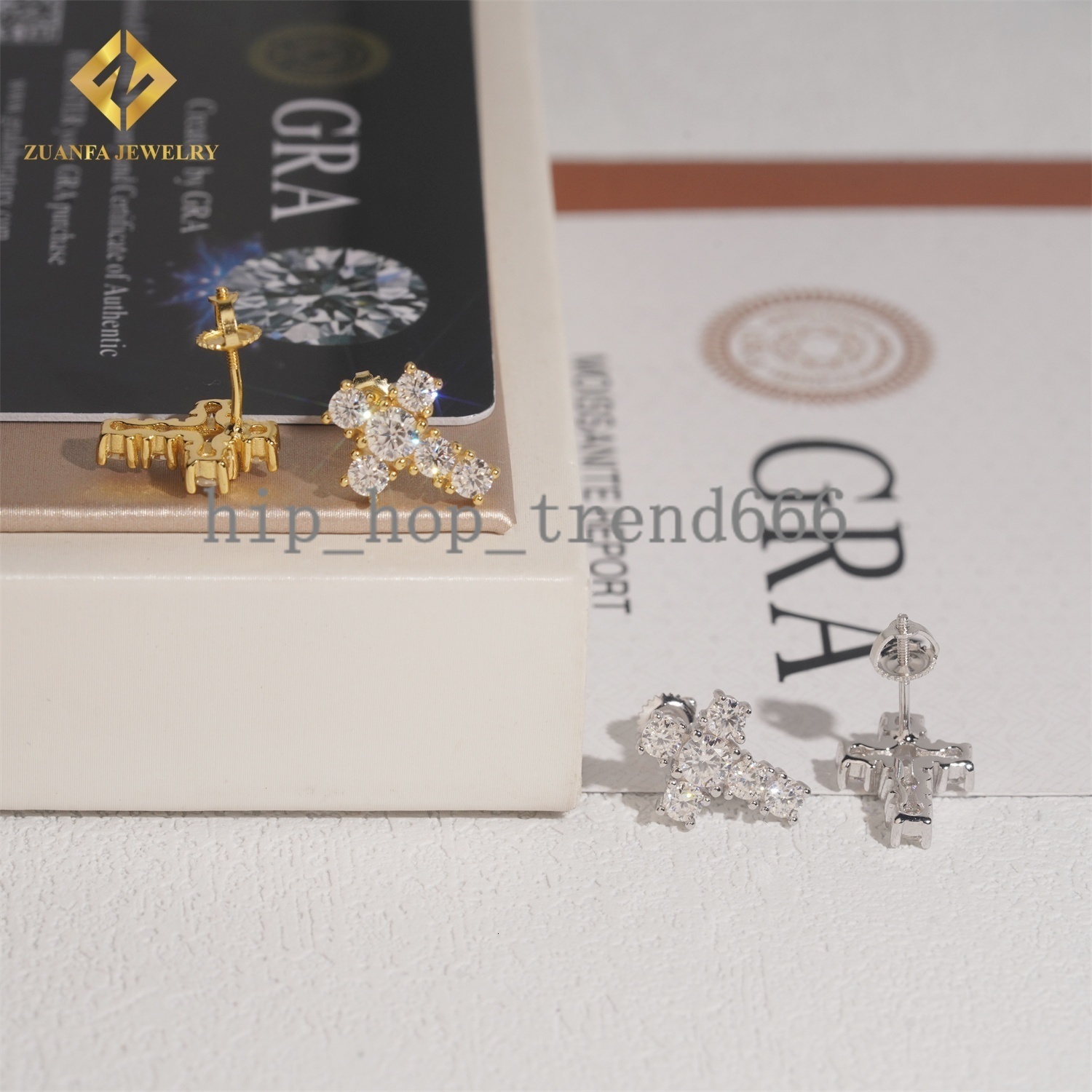 Bulk Drop Iced Out Hip Hop Cross Stud Earrings with Sterling Silver 925 Screw Backs and Moissanite Diamonds