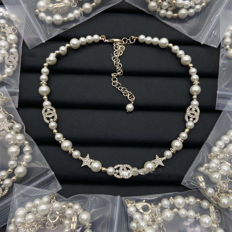 Pearl Inlaid Double C Necklace New Star Knit Clavicle Chain Grandma Style Pearlescent Choker