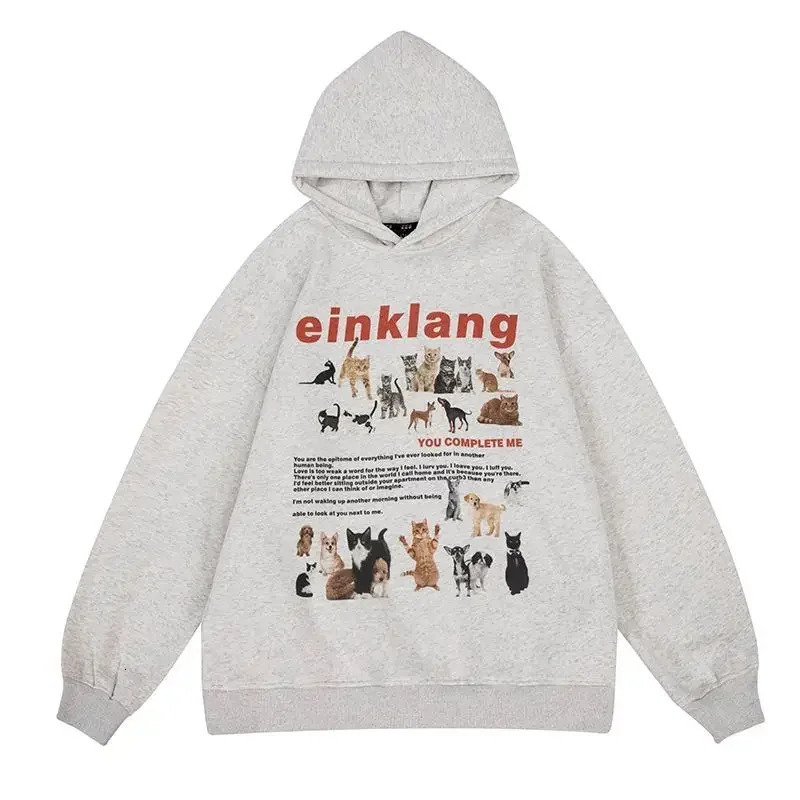 Womens cat and dog printed sportswear loose hoodie casual hooded top American street retro 250725