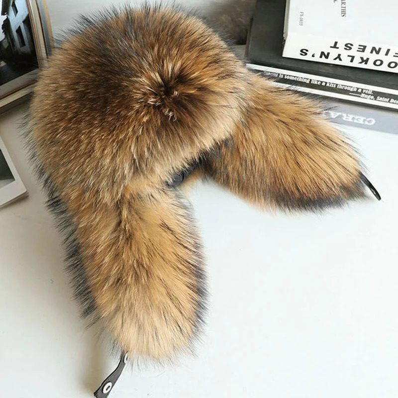 Natural Raccoon Fur Hat Women Black Fox Fur Russian Ushanka Hats Winter Warm Ears Bomber Cap 250724