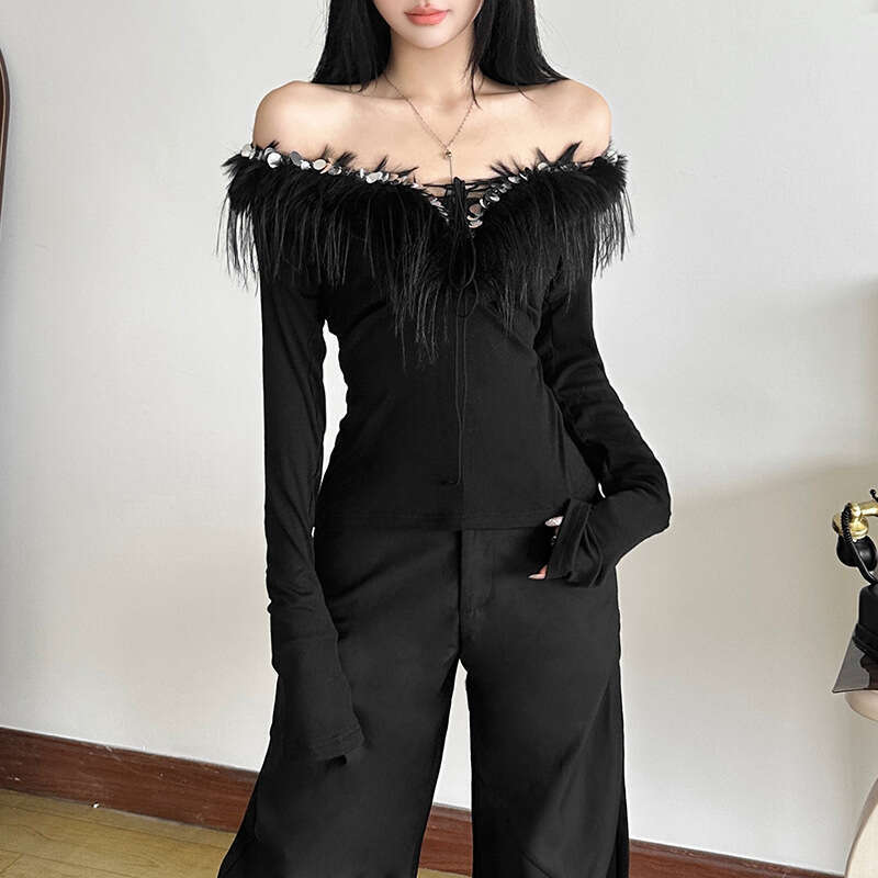 2024 Autumn Winter New Women's Solid Color Slim Fit Street Fashion V-Neck Long Sleeve Top 6b6