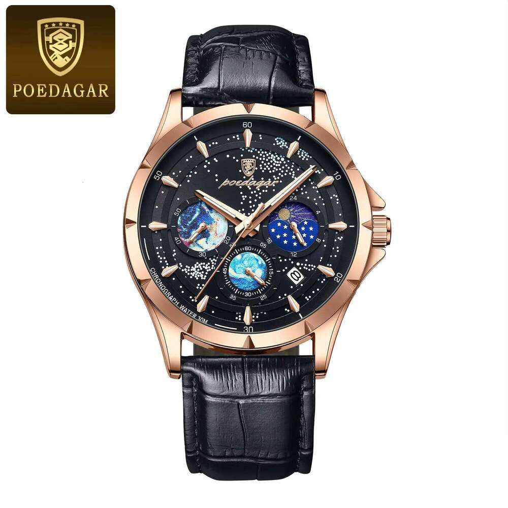 DHwatches POEDAGAR Leather Strap Business Style Starry Sky Chronograph Quartz Watch Men Waterproof Luminous Date Men's Wristwatches