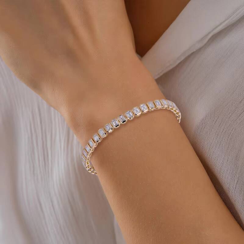 Emerald cut lab grown diamond tennis chain HPHT Diamond bezel setting bracelet lab diamond tennis chain
