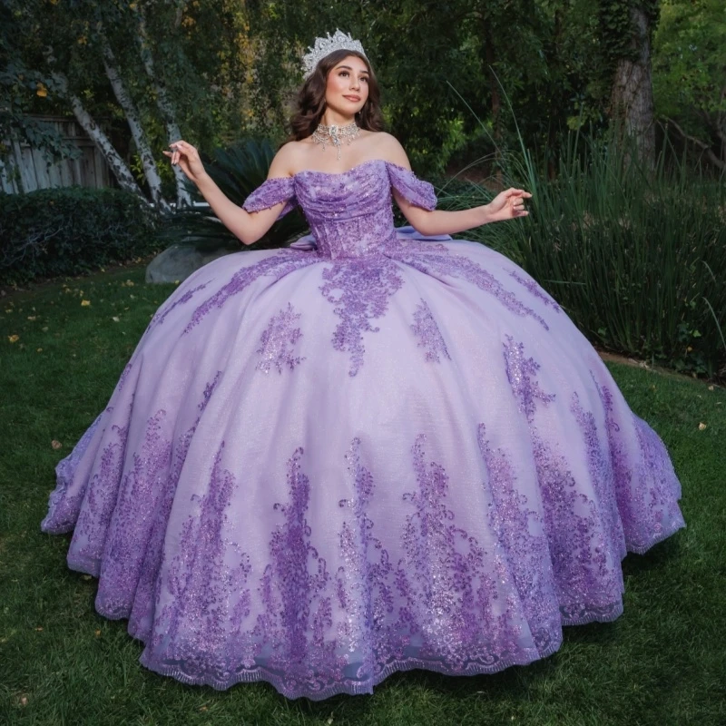 Lavender Quinceanera Dresses Off Shoulder Ball Gown Sweet 16 Dress Sequin Applique Lace Bow Pearl Tull Birthday Party Vestidos 15 Anos