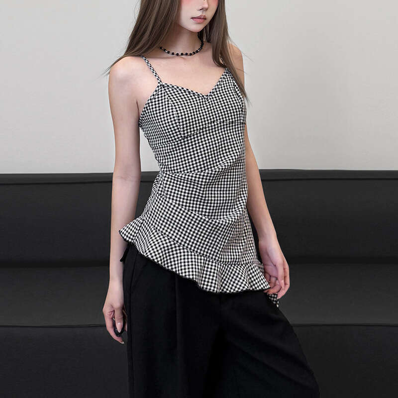 2025 Women's Spring Summer New Street Fashion Plaid Sexy Strap Irregular Tank Top e83