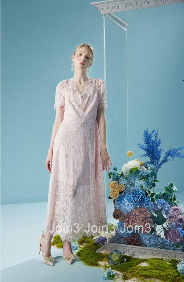 Summer New Lace Patchwork Floral Pink Dress Light Luxury Elegant French Long Dress 6210