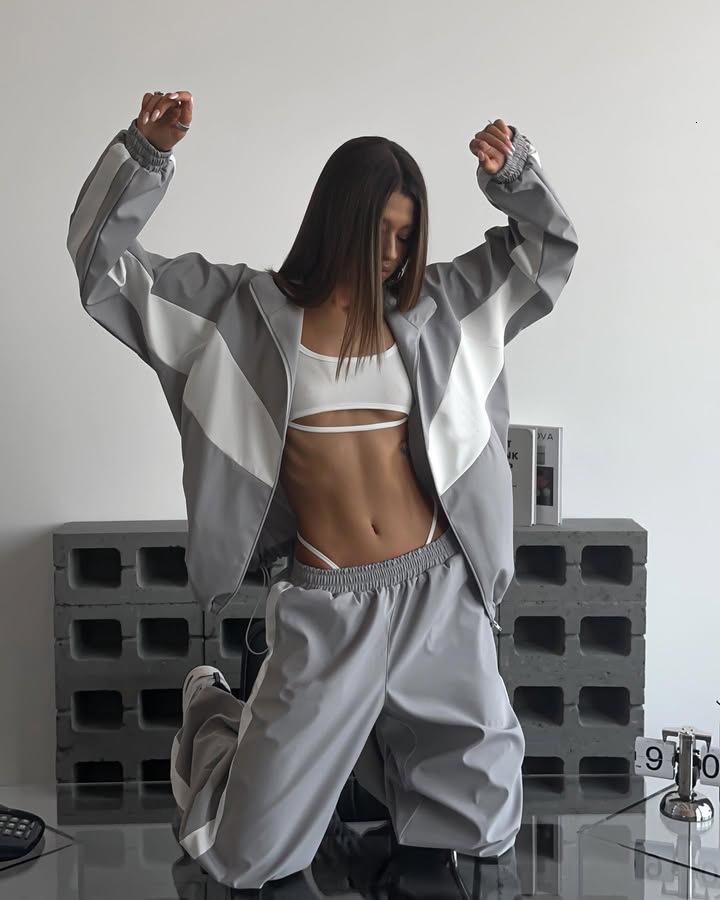 Womens Casual Set Fashion Loose Color Block Long Sleeve Zipper Cardigan Contrast Top Long Pants Sports Set