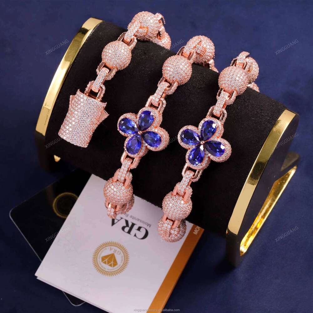 XingGuang Customized Spring Clasp Black Dia Cuban Link Chains Solid Sier Moissanite Clover Shape Ball Chain for Men