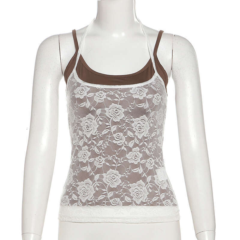 2025 Spring New Women's Solid Color Slim Street Style Fashion Camisole Mesh Two-Piece Set Vest cdd