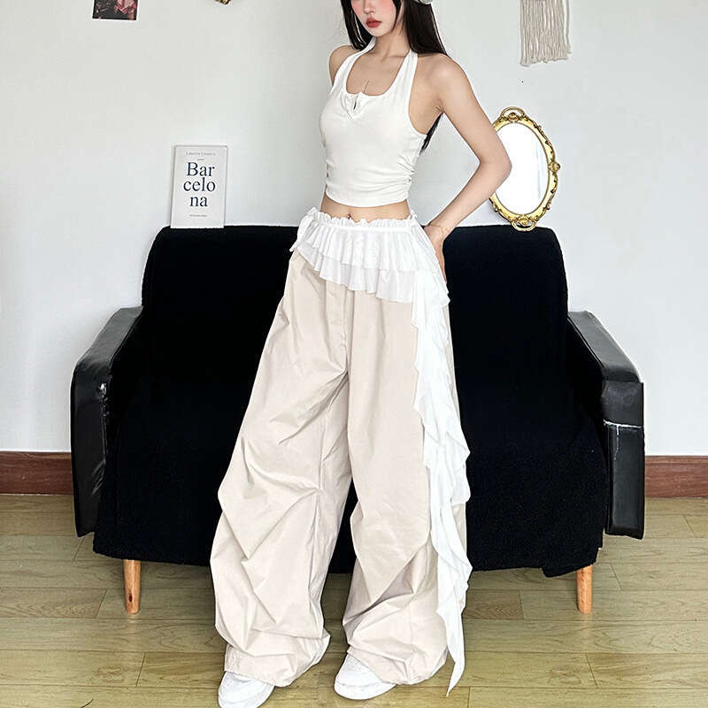 2025 Women's Summer New Solid Color Street Fashion High Waist Casual Irregular Ribbon 3f4