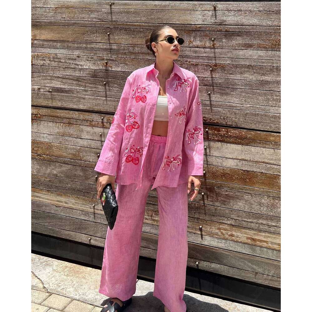 Designer Leisure High Quality Fashion Embroidery Casual Trousers Outfit Spring Women Long Sleeved Lapel Shirt+High Waist Loose Wide Leg Pants Two Piec