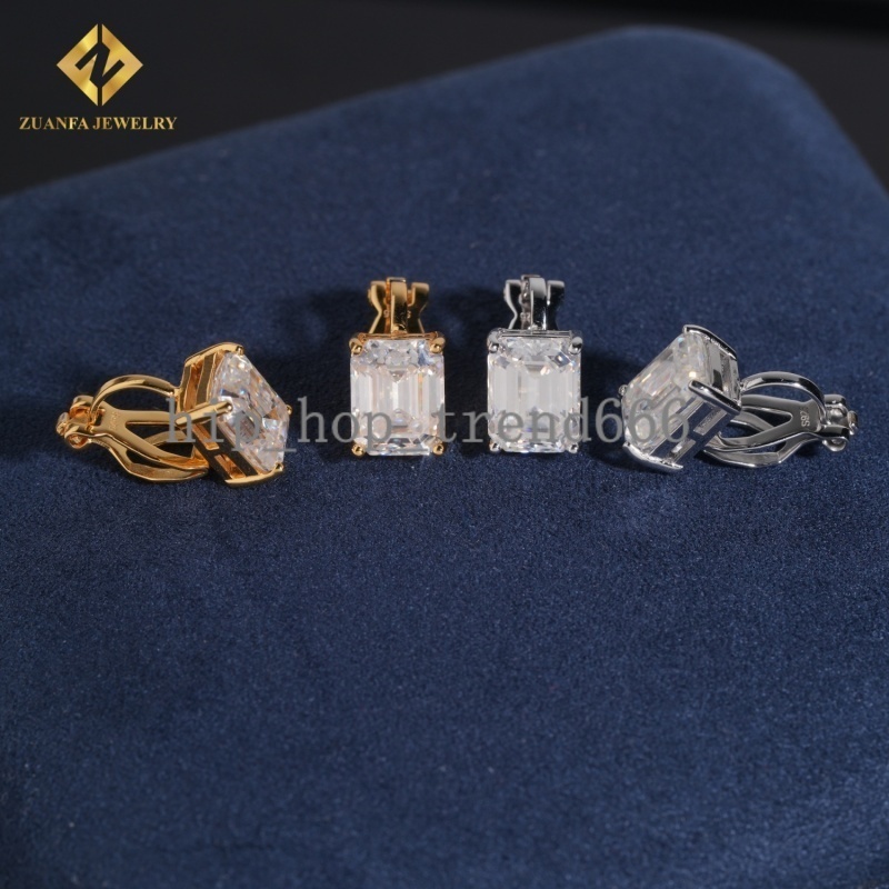 Ready to Ship 925 Sterling Silver Clip-on Mens Earring Gold Plated Iced Out VVS Diamond Emerald Moissanite Drop Earrings