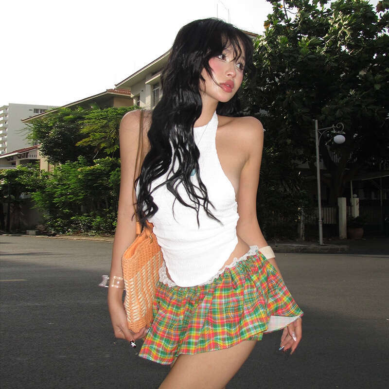 2025 Spring New Women's Solid Color Halter Neck Backless Vest Fashion Low Waist Plaid Skirt d49