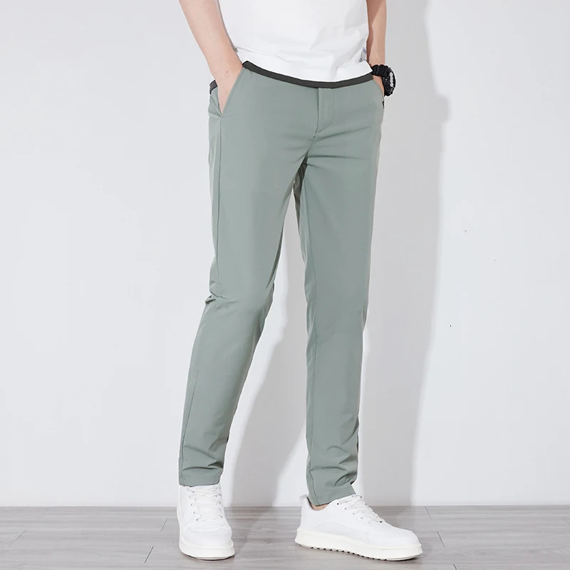 Summer Silk Stretch Smooth Trousers Men Business Elastic Waist Korean Classic Thin Cool Black Gray Casual Suit Pants Male 250725