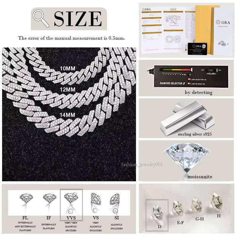 Gold Plated 100% Pass Tester 2rows VVS Moissanite 8mm-15mm Wide Sier Cuban Link Chain for Hip Hop Rapper Jewelry