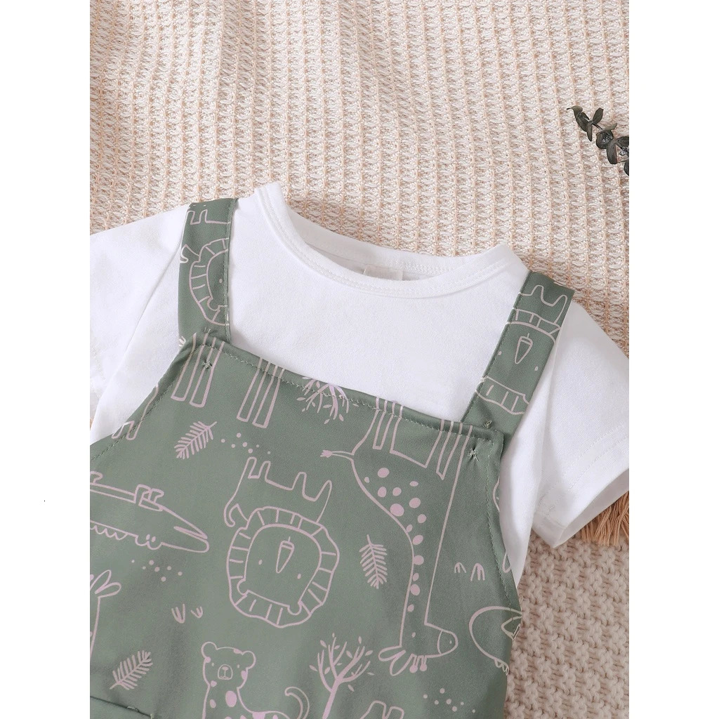 03 Years Baby Boy and Girl Cute Strap Pants Clothing Set Short Sleeve Top Multi Cartoon Pattern for Summer Wear 250725