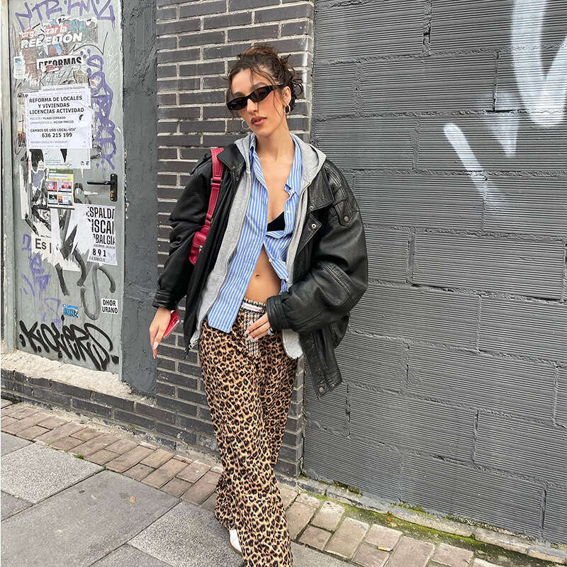 2024 Summer New Women's Solid Color Loose Street Fashion Casual Straight Leopard Print Wide Leg Pants f21