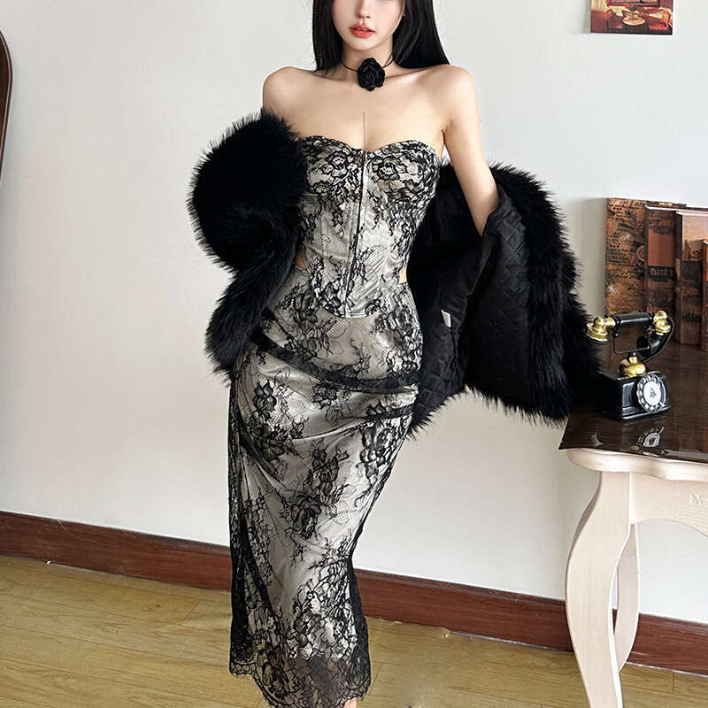 2024 Autumn Winter New Women's Solid Color Slim Fit Tube Top Vest Fashion High Waist Skirt Set 7f0