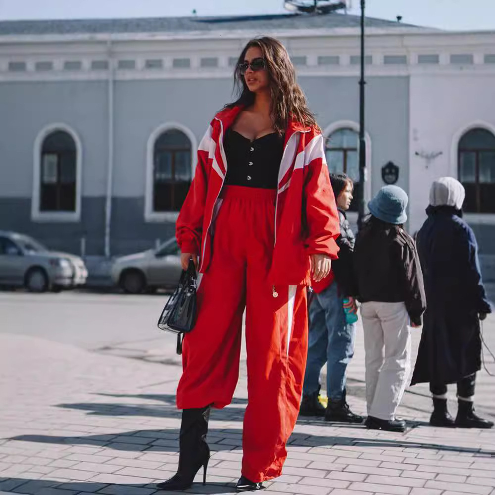 Loose Casual Womens Fashion Color-Block Long Sleeve Sports Cardigan and Pants Two-Piece Set Womens Pants Suit