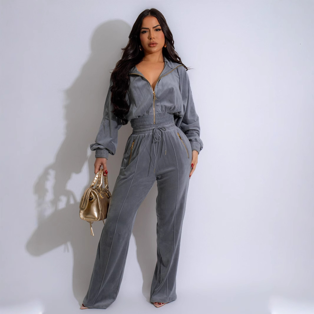 TW575 Fashion Womens Long Sleeve Turn-Down Collar Zipper Cardigan Long Pants Winter Two-Piece Set 2