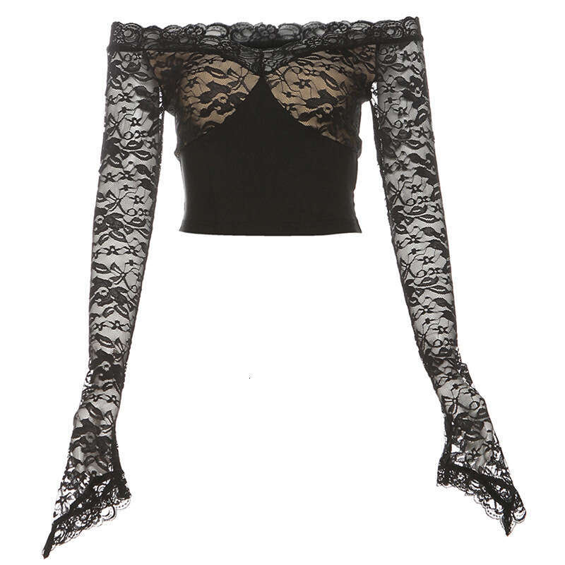 2024 Autumn New Women's Solid Color Slim Fit Fashion V-neck Long Sleeve Lace Patchwork Top 5c8