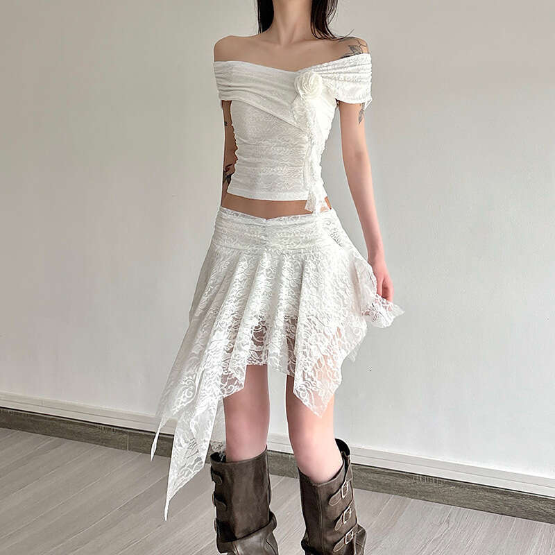 2025 Summer New Hot Girl Lace Off-Shoulder Top with Irregular Ribbon Half Skirt for Women 146