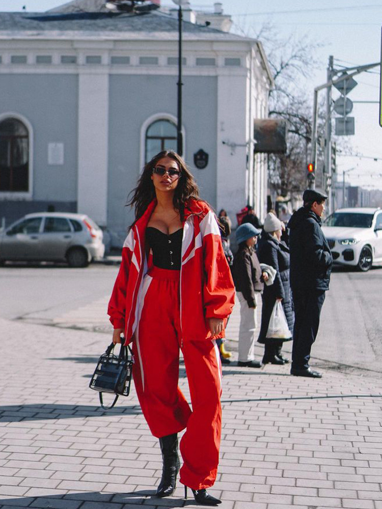 Loose Casual Womens Fashion Color-Block Long Sleeve Sports Cardigan and Pants Two-Piece Set Womens Pants Suit