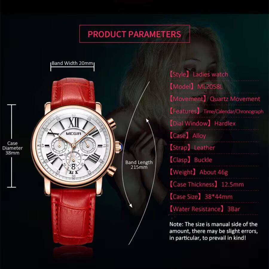 MEGIR Women's Roman Numerals Watch - Leather Strap, Chronograph, Waterproof, 38mm - Fashion Quartz
