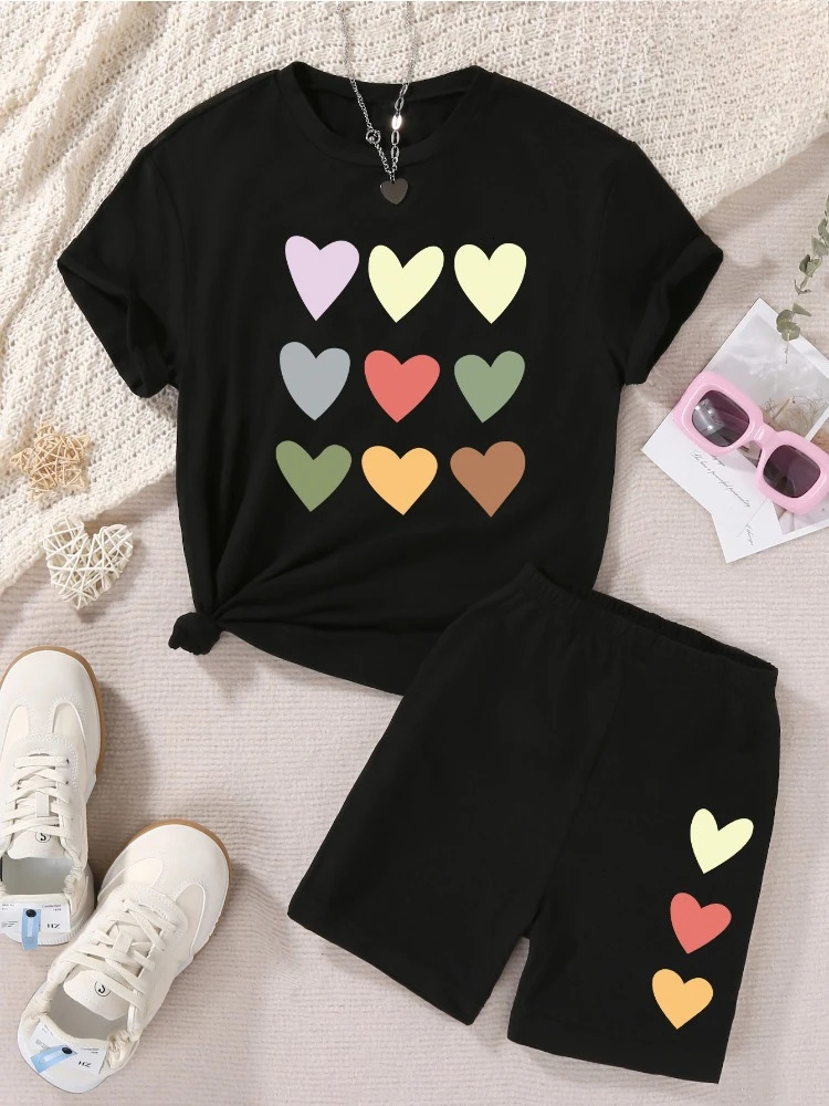 Summer Baby Girls Clothes Set Kid Sweet Heart Printed Tshirts and Shorts 2 Pieces Suit Children Short Sleeve Tracksuits 250725