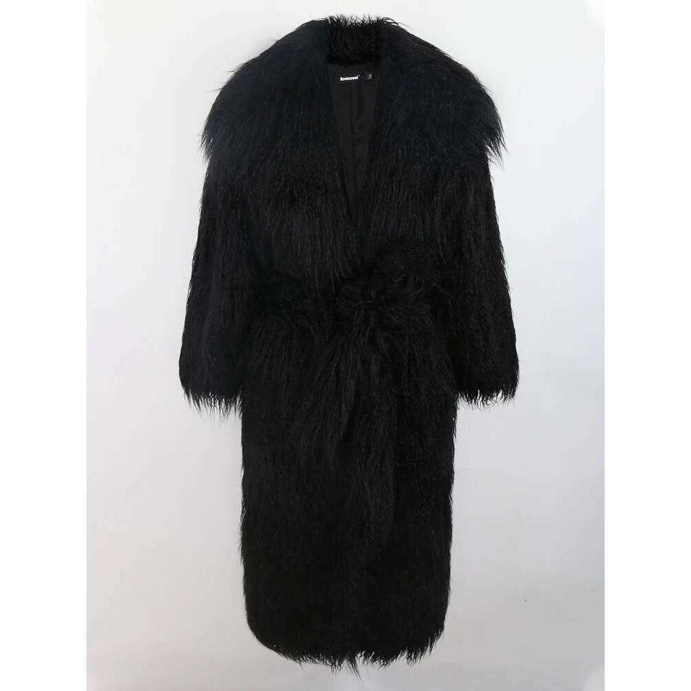 Nerazzurri Winter Long White Black Hairy Shaggy Fluffy Thick Warm Soft Stylish Faux Mongolia Lamb Fur Coat Women Belt Lapel 2023