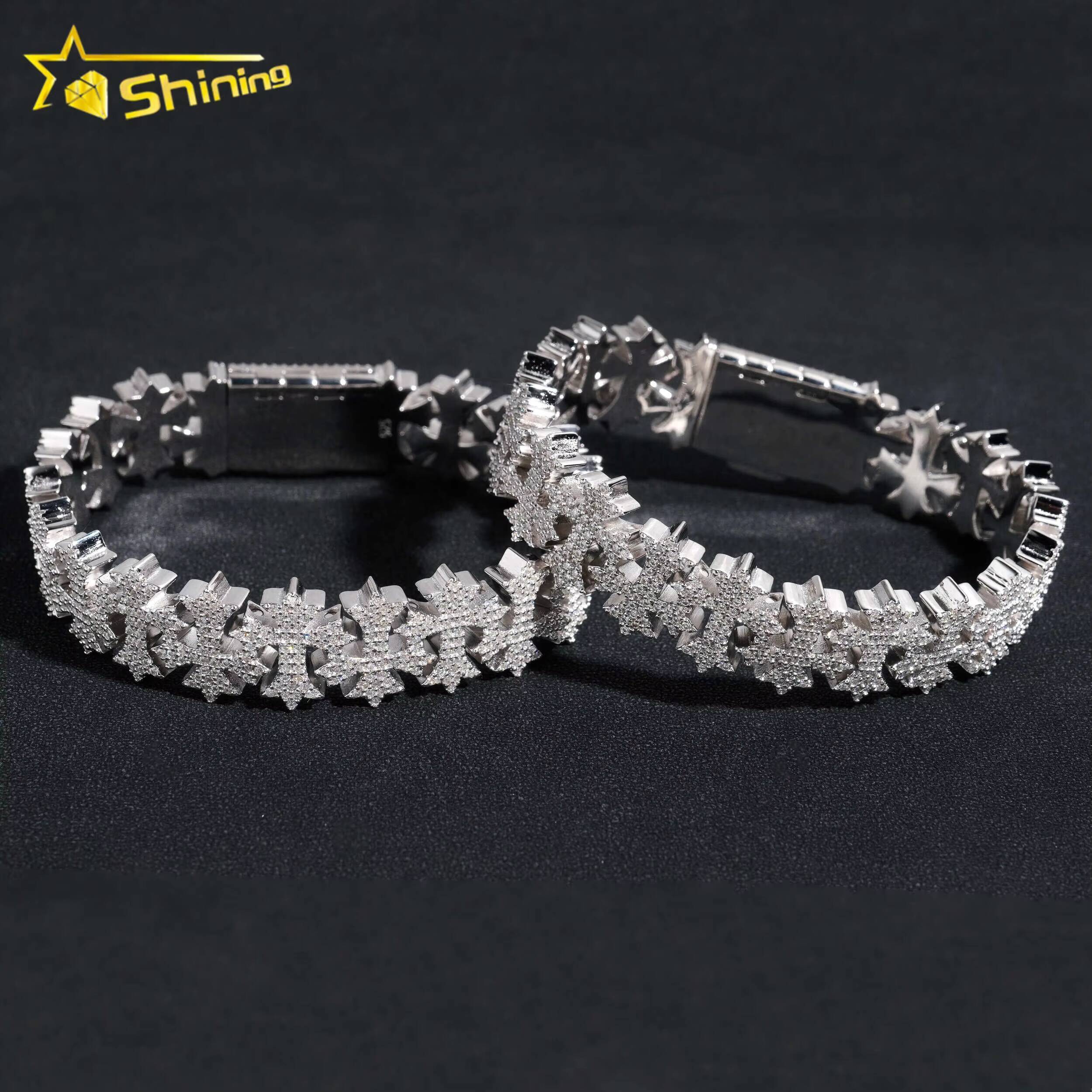 Pass Diamond Tester New Design 925 Sterling Silver 16MM Cross VVS Moissanite Cuban Link Chain Bracelet