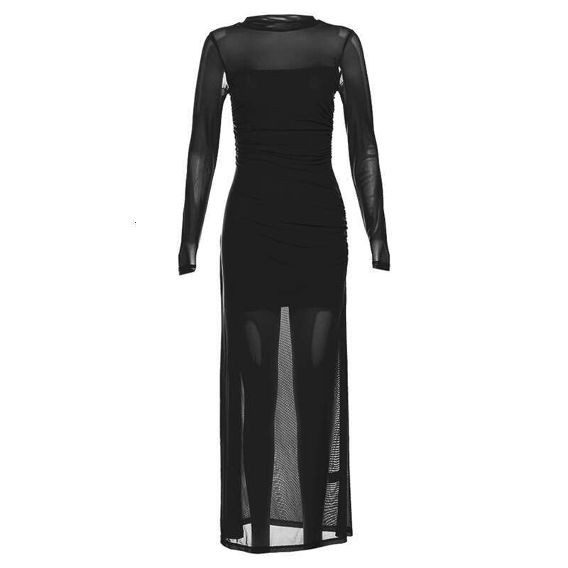 2024 Spring New Women's Solid Color Slim High Waist Fashion Round Neck Long Sleeve Sheer Mesh Dress 0b9