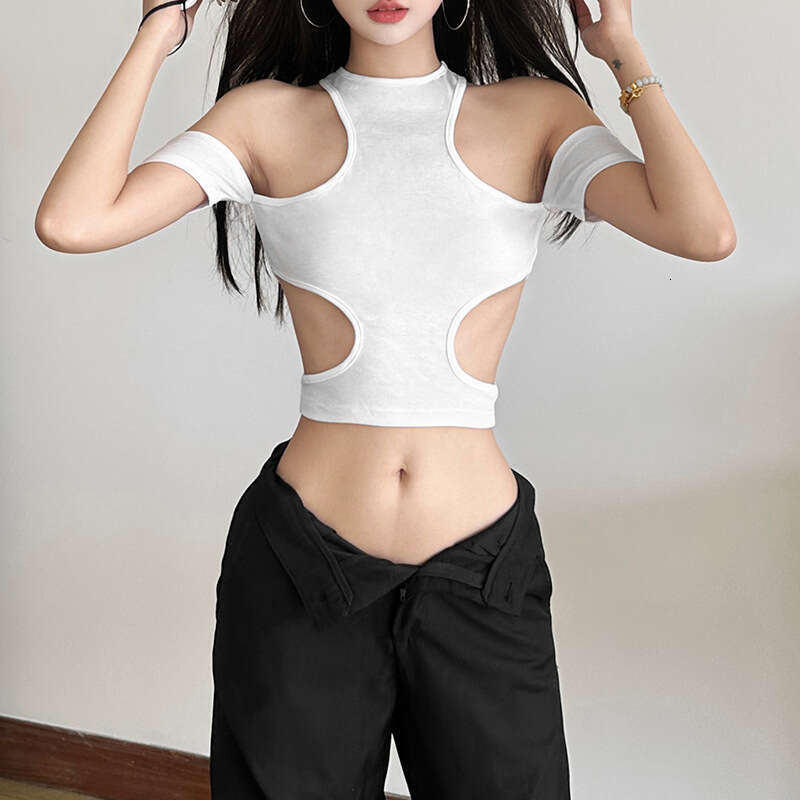 2025 Summer New Hollow Out Crop Halter Neck Slim Fit Versatile Tank Top T-Shirt for Women 6bd