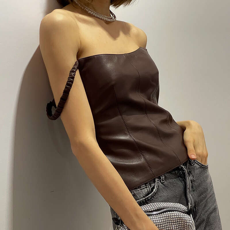 Ytp615 Women's Autumn New Solid Color Slim Fit Inner Elastic Strap Leather T-Shirt Top B5