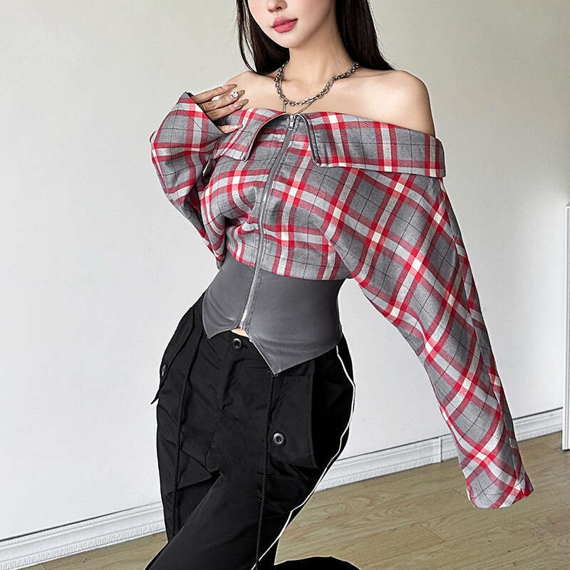 2024 Autumn New Women's Solid Color Slim Street Fashion Off-Shoulder Long Sleeve Zipper Cardigan 4c6
