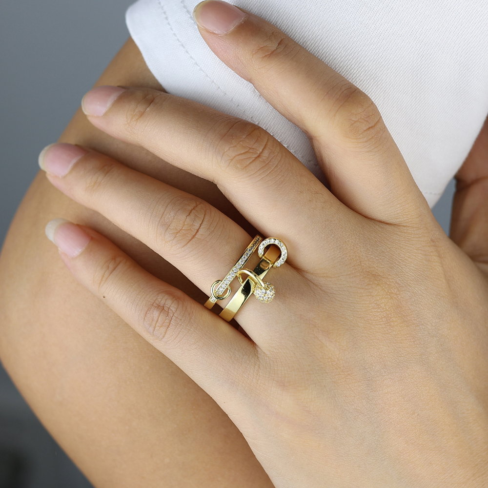 2025 New Fashion Gold Plated Double Layers Circle Ring Bling Cubic Zirconia For Women Party Wedding Jewelry