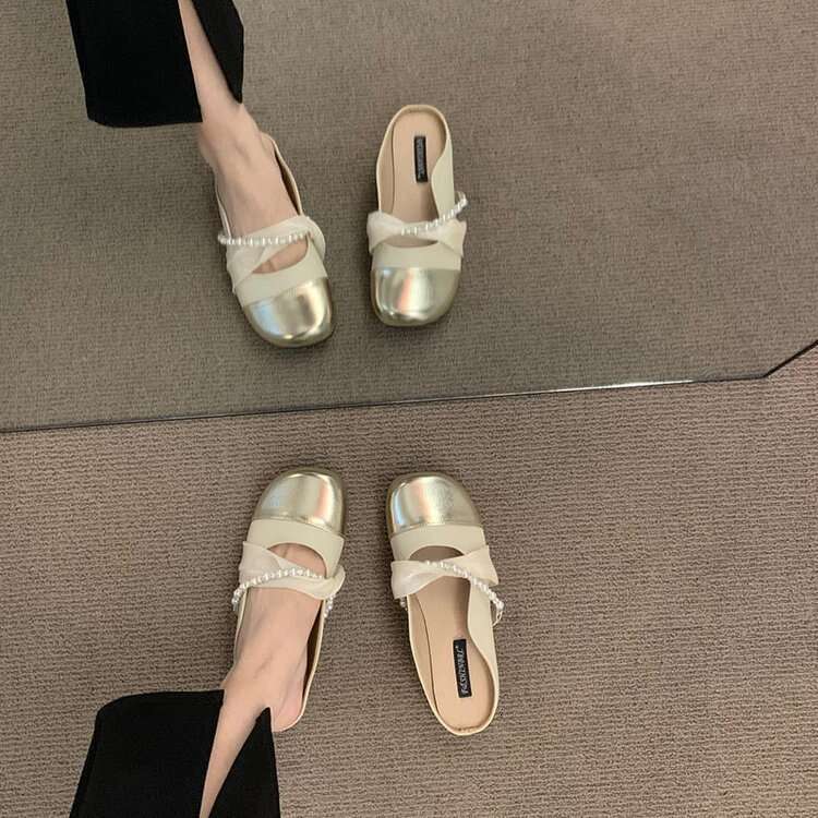 French Style Flat 2025 Pearl Pointed Toe Half Slippers Mary Jane Shoes for Women