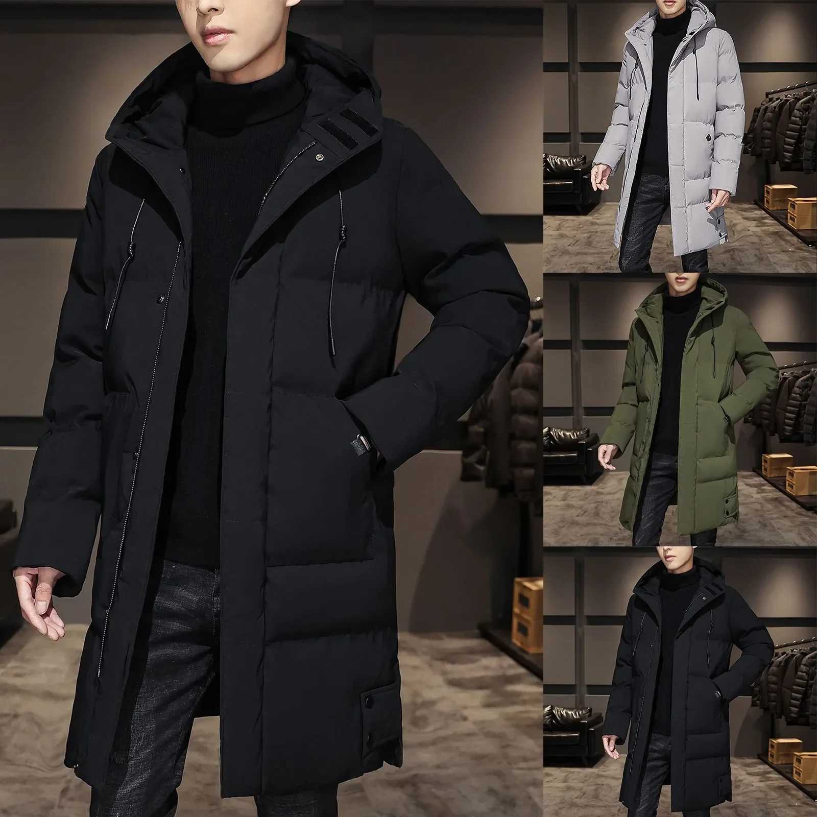 Male Autumn and Winter Mid Length Coat Long Sleeve Hooded Solid Color Pockets Warm and Windproof Jacket Men Sweaters Coats X250725