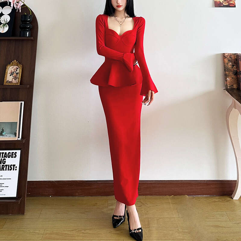 2024 Autumn New Women's Solid Color Slim Street Fashion Square Neck Long Sleeve Split Dress 132