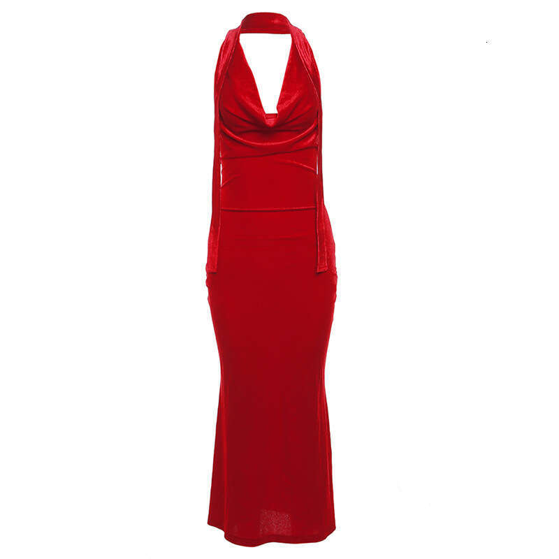 2023 Autumn Winter New Women's Solid Color Slim Street Fashion V-Neck Halter Backless Dress d71