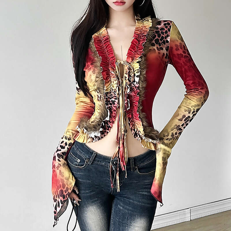 2024 Autumn New Women's Street Fashion Sexy Long Sleeve V-Neck Cardigan T-Shirt 9a0
