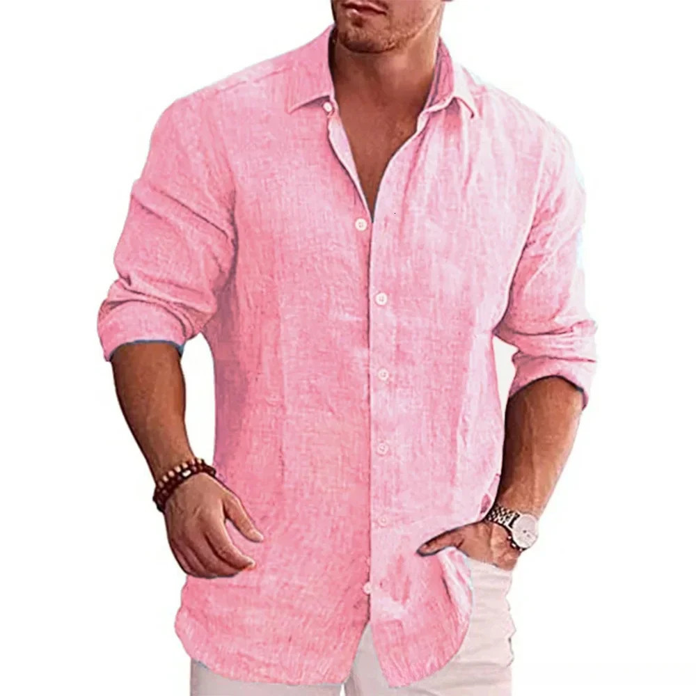 mens cotton linen autumn longsleeved shirt solid colour versatile casual resort style tops 250725